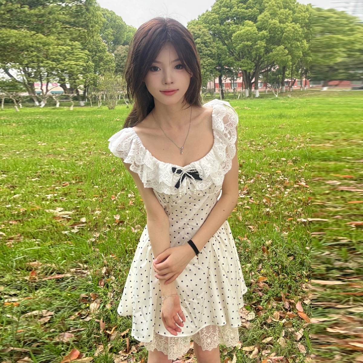 珠蒂美 甜妹法式波点露背约会小礼服收腰蛋糕蓬蓬裙吊带连衣裙 女款