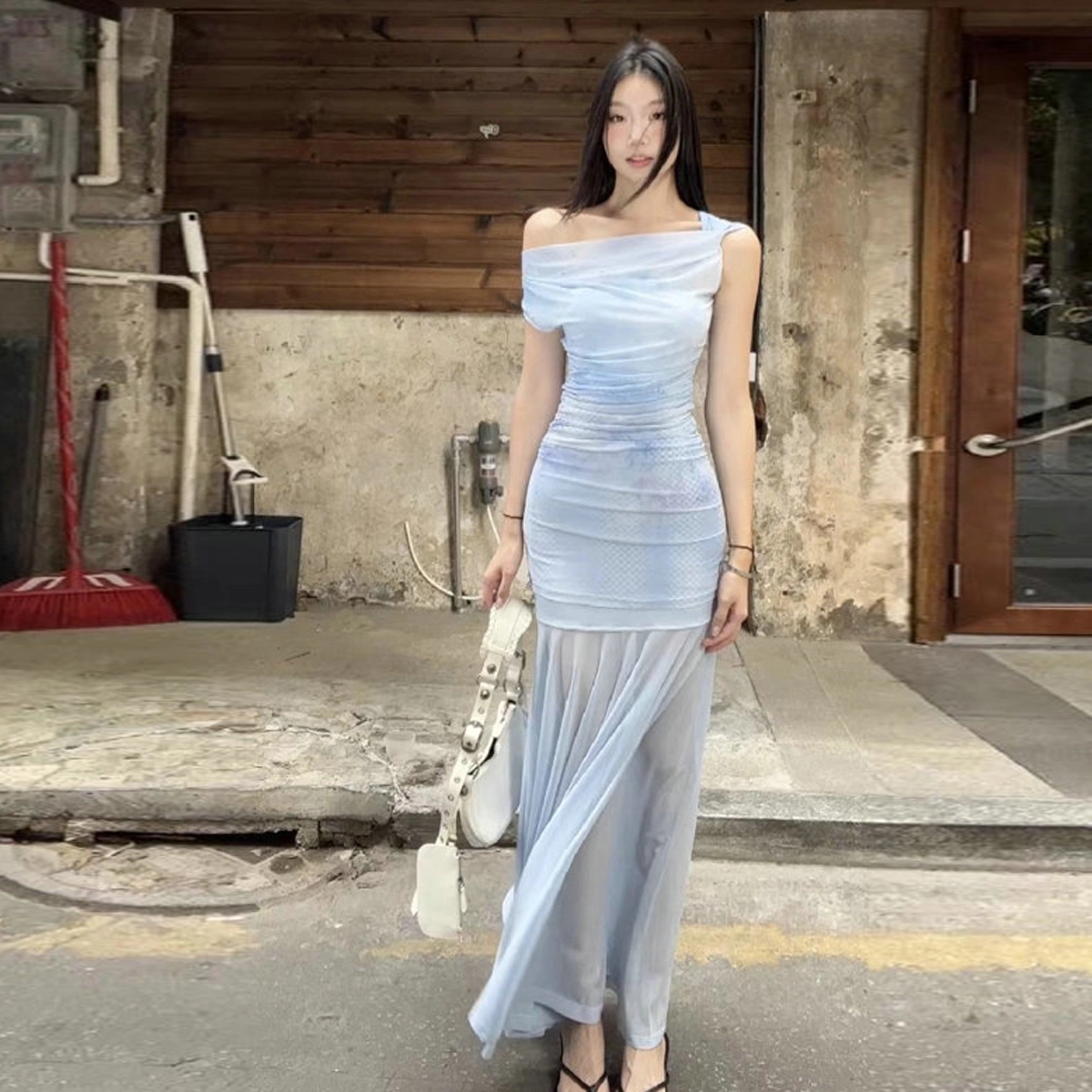 珠蒂美 甜辣穿搭法式斜肩气质薄纱女夏季收腰海边度假收腰显瘦包臀裙子短袖连衣裙 女款