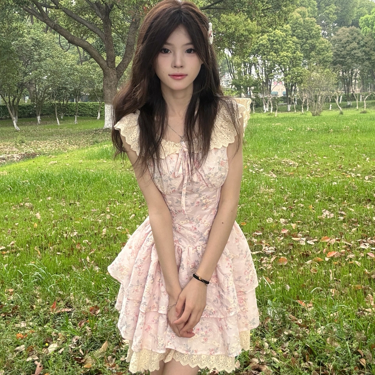 珠蒂美 温柔甜美小飞袖碎花收腰连衣裙女夏在逃公主粉色樱花蓬蓬蛋糕短裙 女款
