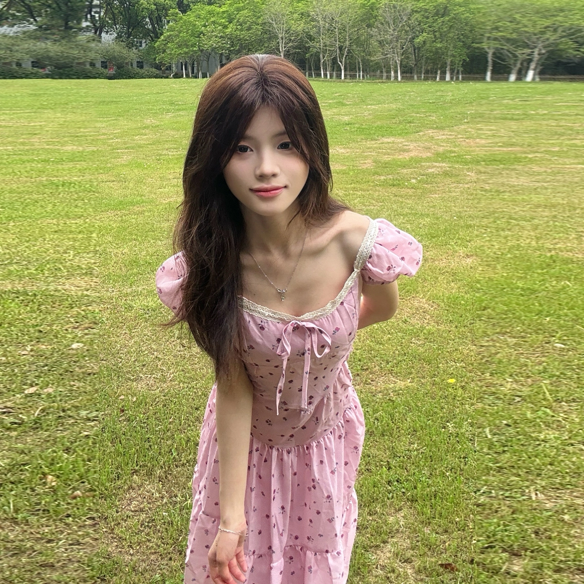 珠蒂美 法式气质公主风粉色碎花女夏季小个子温柔风短袖连衣裙 女款