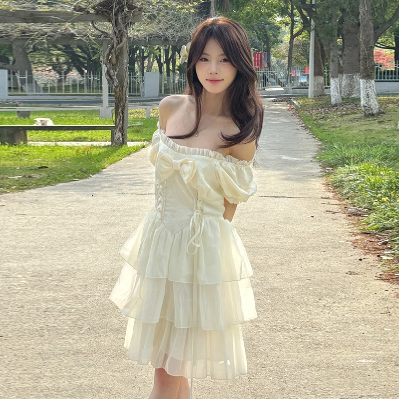 珠蒂美 甜美公主风蝴蝶结短款短袖连衣裙 女款 杏色