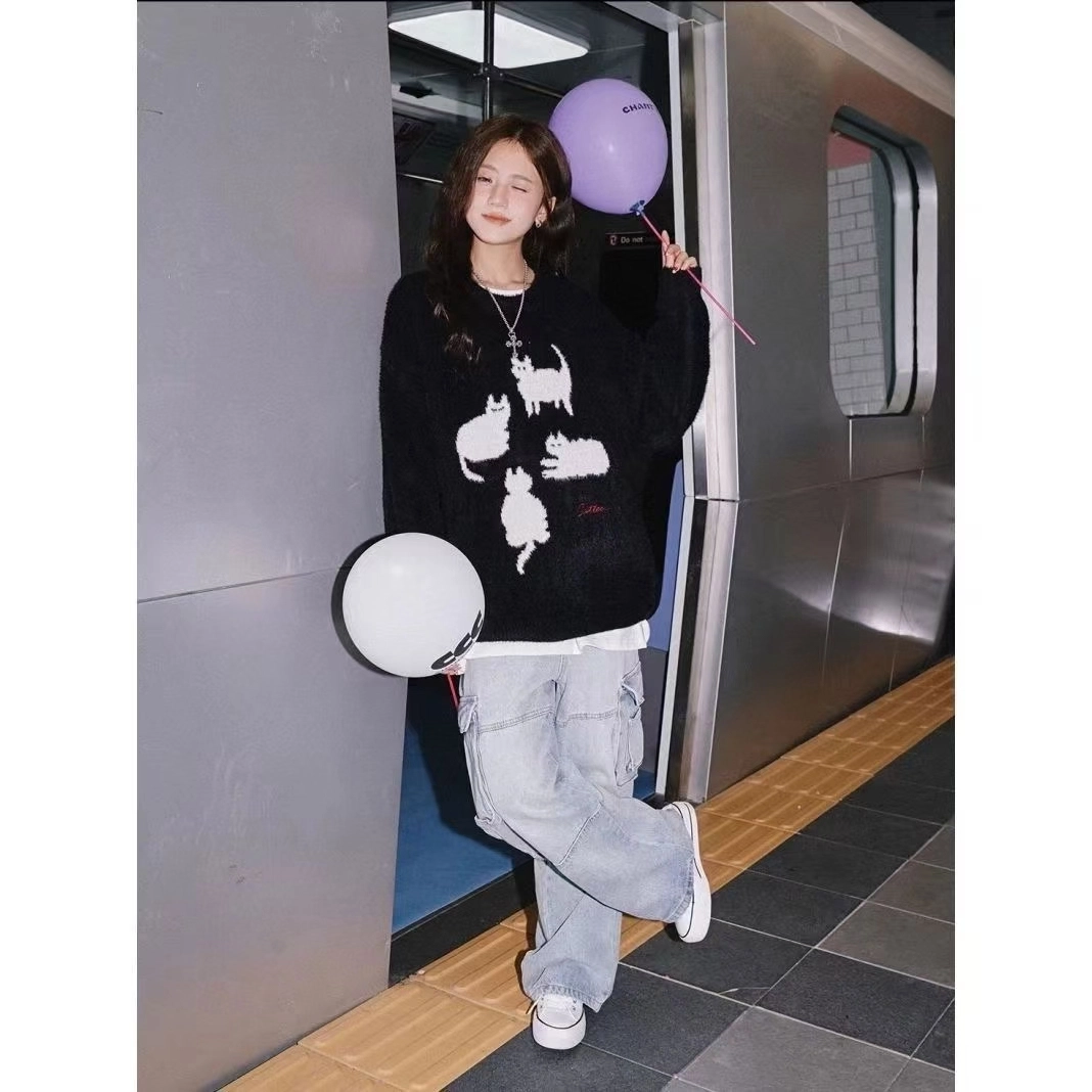 悍戈 秋冬慵懒风猫咪剪影圆领落肩软糯长袖上衣针织衫 男女同款