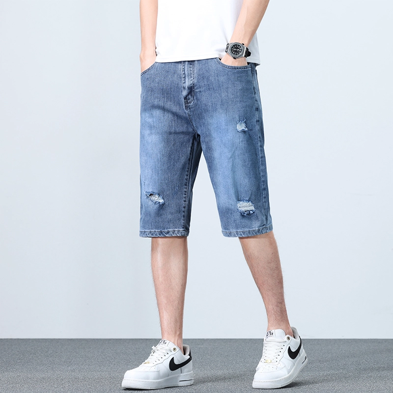 老爷车 长绒棉夏季男士潮流时尚百搭直筒休闲破洞牛仔短裤 男款