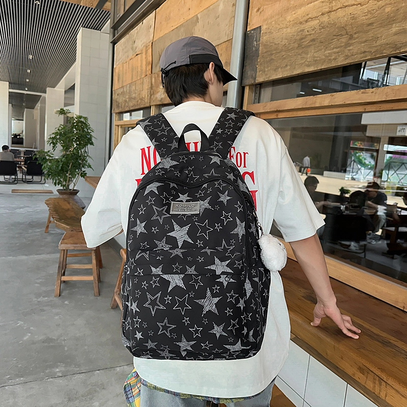 泰格奴 星星涂鸦精美机能通勤旅行小清新轻便高颜值背包初高中大学上课百搭 尼龙 双肩包 大号 男女同款情侣款 米色/黑色/白色