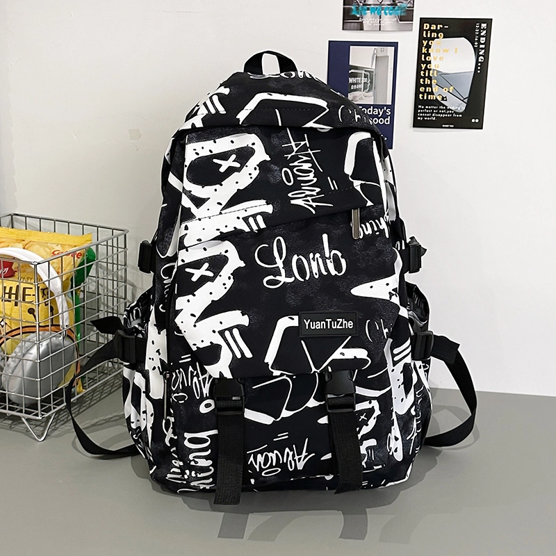 泰格奴 涂鸦精美机能通勤旅行小清新轻便高颜值大容量背包初中高中大学生上课百搭书包 尼龙 双肩包 常规 男女同款情侣款 白色灰色黑色