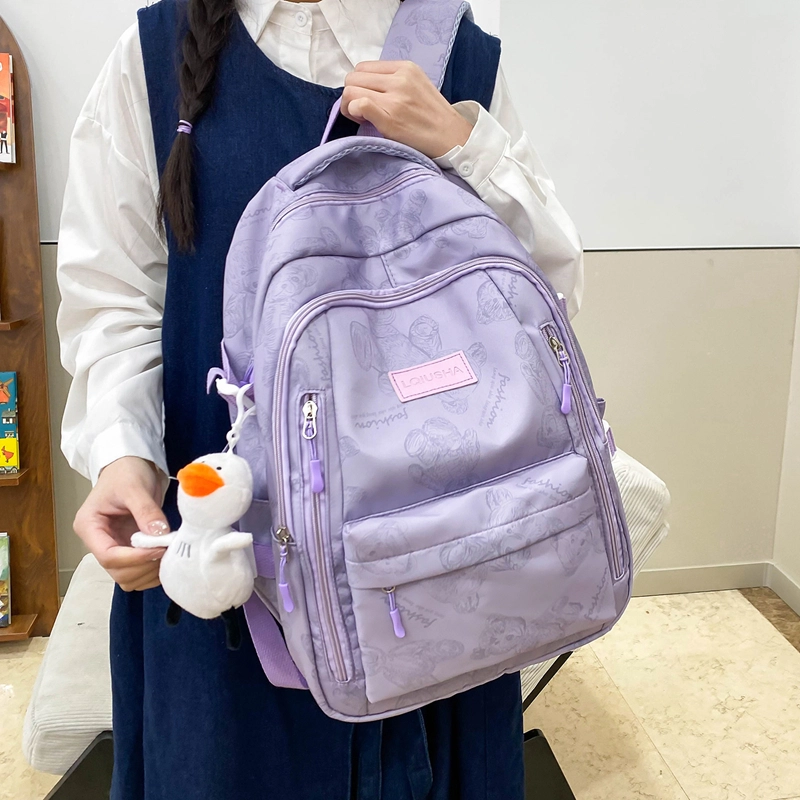 泰格奴 印花轻便简约大容量运动耐磨背包初中生高中生大学生上课百搭书包 尼龙 双肩包 男女同款情侣款 米白色/黑色/紫色/绿色