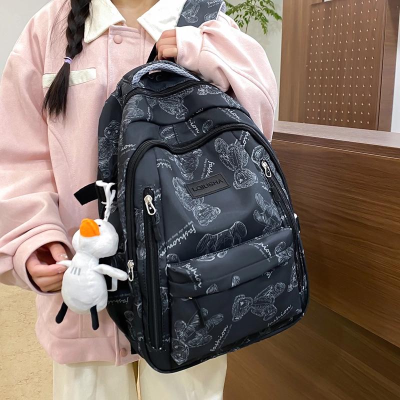 泰格奴 印花轻便简约大容量运动耐磨背包初中生高中生大学生上课百搭书包 尼龙 双肩包 男女同款情侣款 米白色/黑色/紫色/绿色