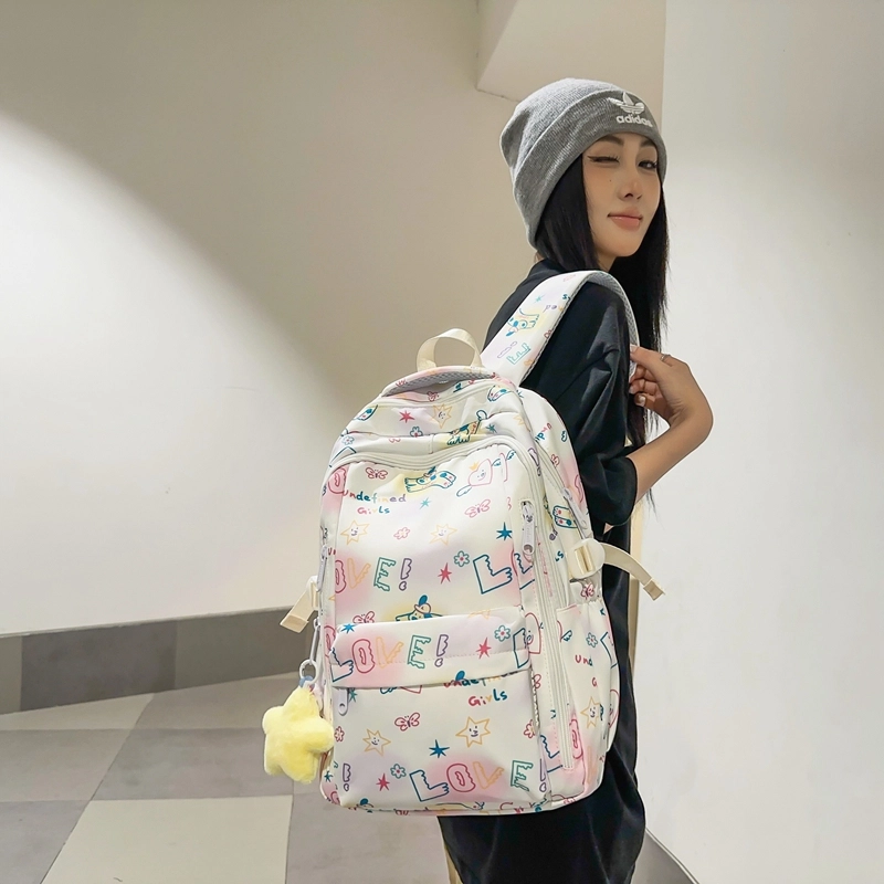 泰格奴 小清新休闲高颜值精美潮版韩版背包初中生高中生大学生上课百搭书包 尼龙 双肩包 男女同款情侣款 白色/黑色