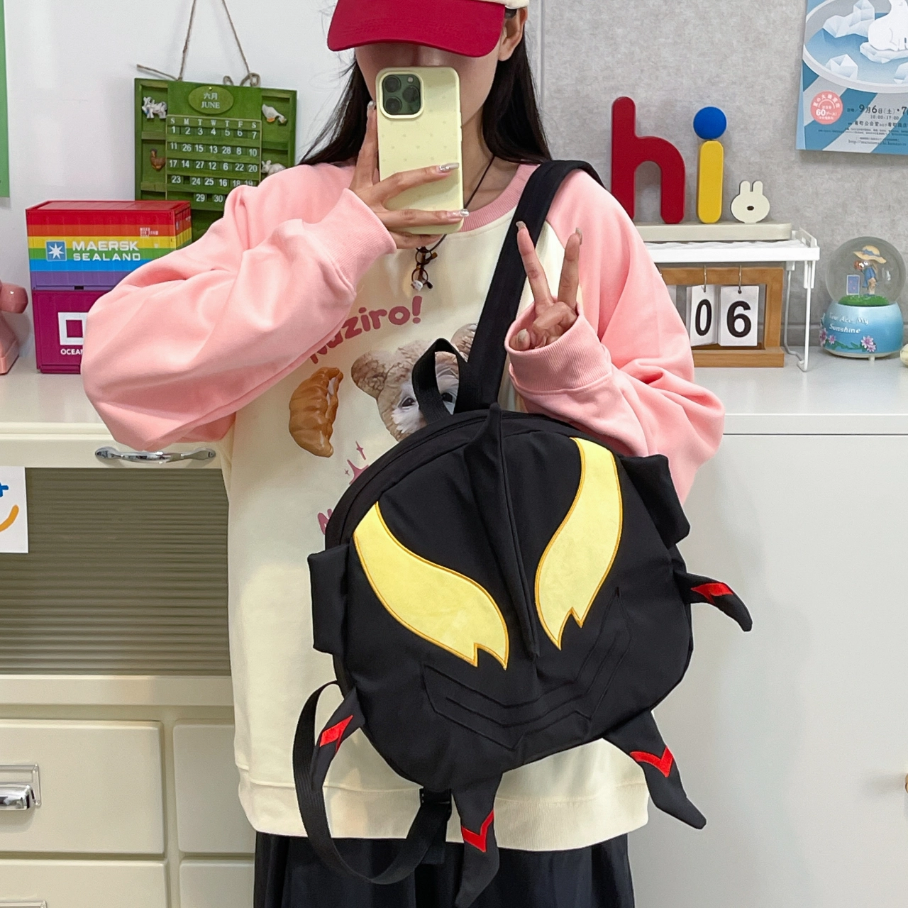 泰格奴 时尚个性小众搞怪百搭 尼龙 双肩包 大号 男女同款情侣款 黑色