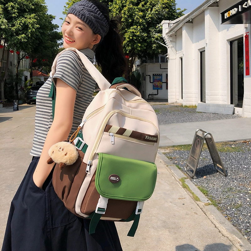 泰格奴 撞色系轻便百搭背包美版洋气个性气质高级感潮流时尚初中高中大学生上课书包 尼龙 双肩包 男女同款情侣款 黑色/绿色/蓝色/粉色