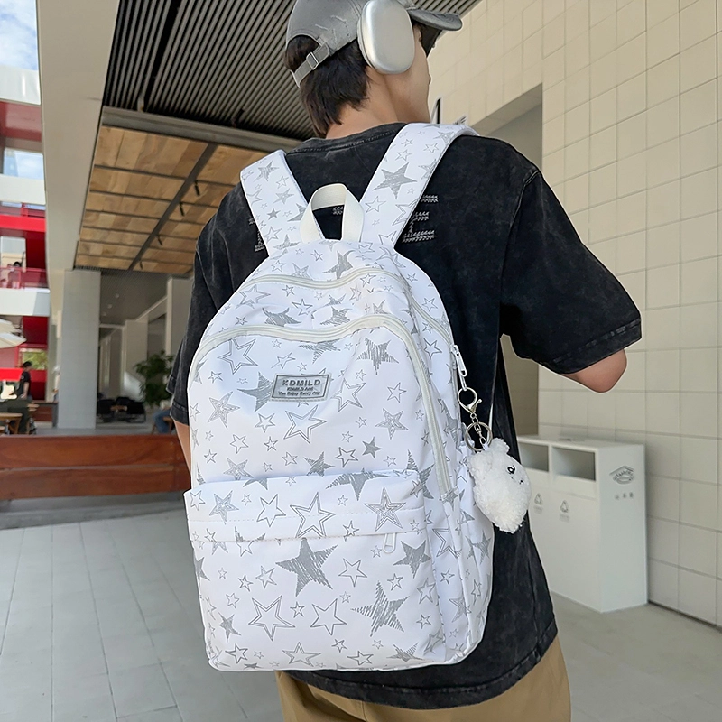 泰格奴 星星涂鸦精美机能通勤旅行小清新轻便高颜值背包初高中大学上课百搭 尼龙 双肩包 大号 男女同款情侣款 米色/黑色/白色