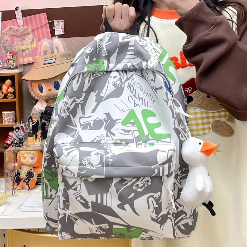 泰格奴 涂鸦精美机能通勤旅行小清新轻便高颜值大容量背包初中高中大学生上课百搭书包 尼龙 双肩包 常规 男女同款情侣款 灰色/绿色