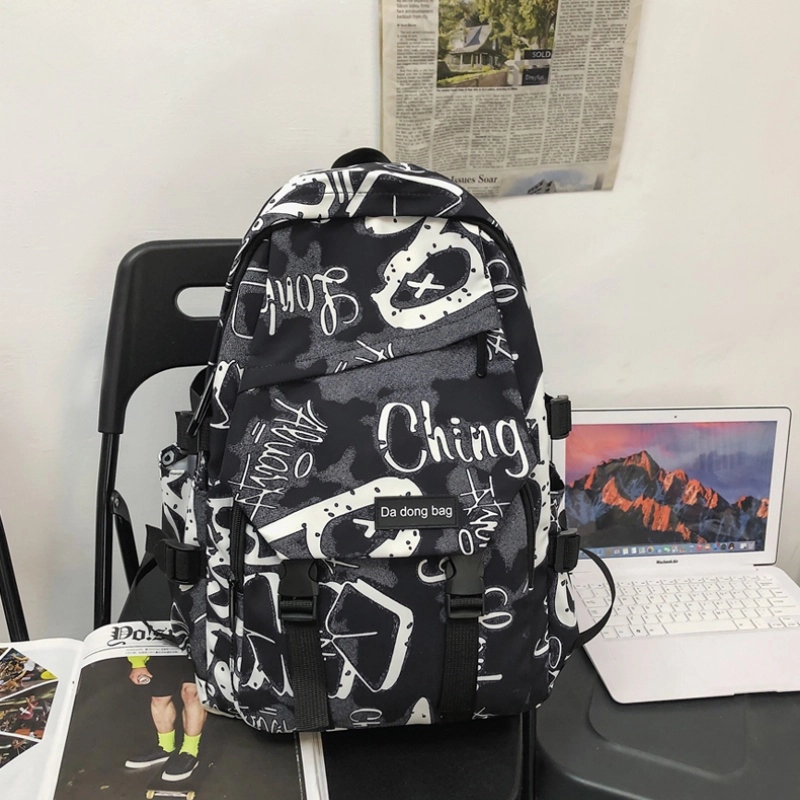 泰格奴 字母印花轻便简约国风大容量运动耐磨背包初中生高中生大学生上课百搭书包 尼龙 双肩包 男女同款情侣款 黑色/灰色/蓝色