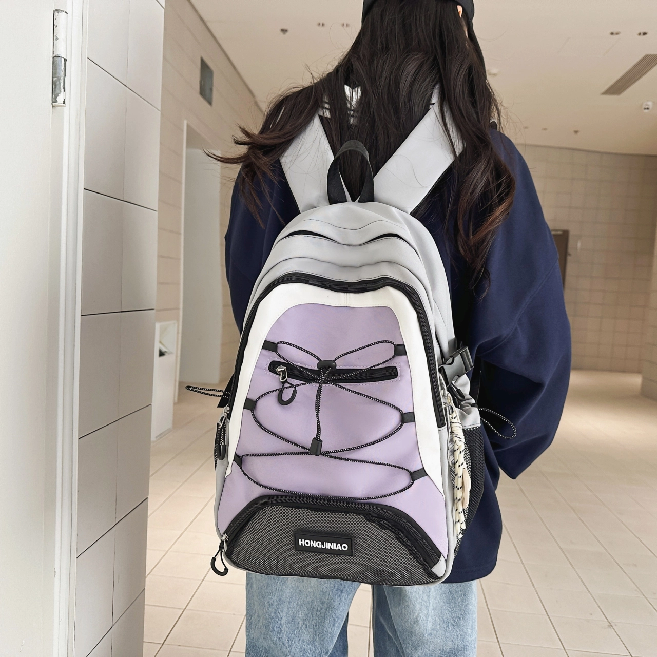 泰格奴 撞色系轻便百搭背包美版洋气个性气质高级感潮流时尚初中高中大学生上课百搭书包 尼龙 双肩包 男女同款情侣款 黑色/白色/灰色