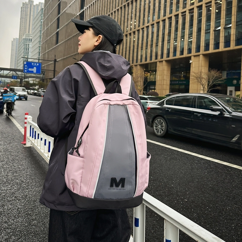 泰格奴 撞色系轻便百搭个性气质高级感潮流时尚初中高中大学生上课书包 尼龙 双肩包 男女同款情侣款 乳白色/米白色/粉红色/黑色