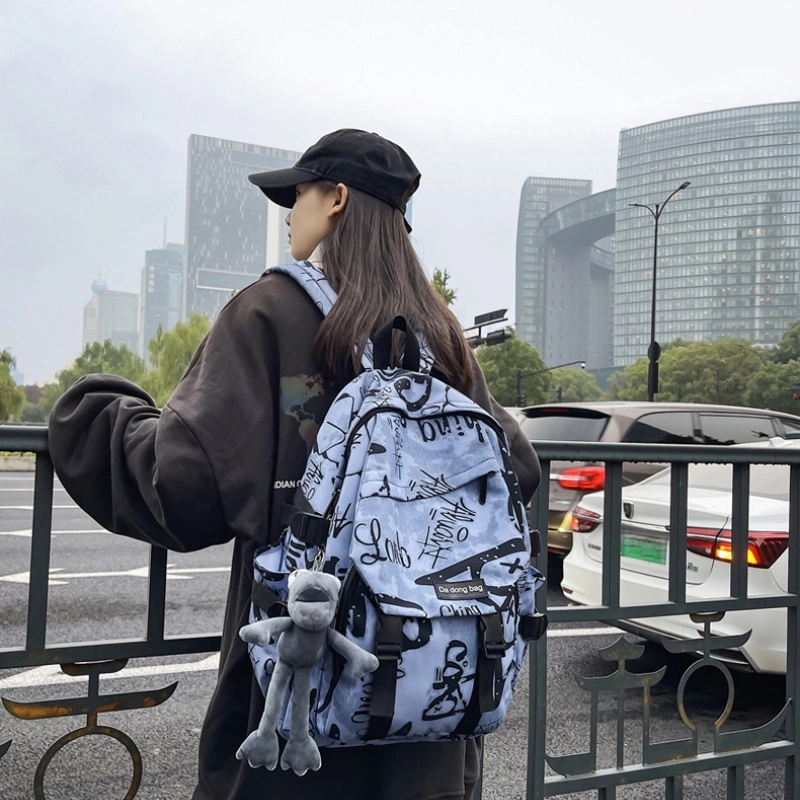 泰格奴 字母印花轻便简约国风大容量运动耐磨背包初中生高中生大学生上课百搭书包 尼龙 双肩包 男女同款情侣款 黑色/灰色/蓝色