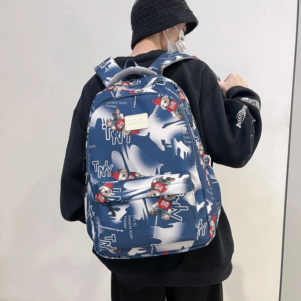 泰格奴 涂鸦精美旅行小清新轻便高颜值大容量背包初中高中大学生上课百搭书包 尼龙 双肩包 常规 男女同款情侣款 灰色/蓝色/黑色