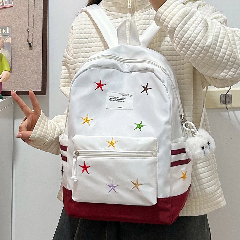 泰格奴 字母印花轻便简约国风大容量运动耐磨背包初中生高中生大学生上课百搭书包 尼龙 双肩包 女款 黑色/红色/卡其色/深蓝色/棕色