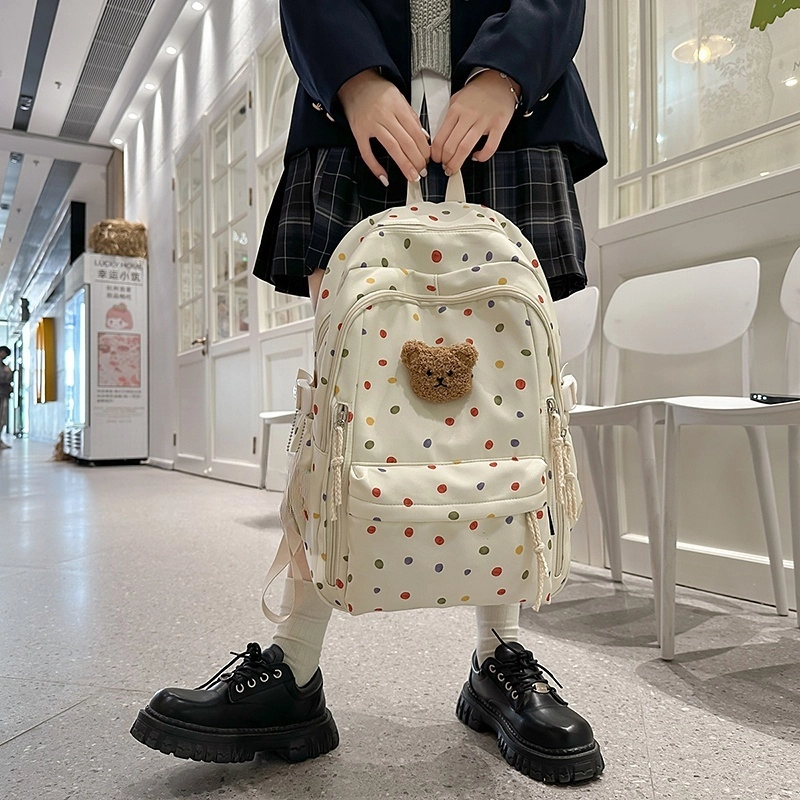泰格奴 小清新休闲高颜值精美潮版韩版背包初中生高中生大学生上课百搭书包 尼龙 双肩包 女款 白色/多色/波点
