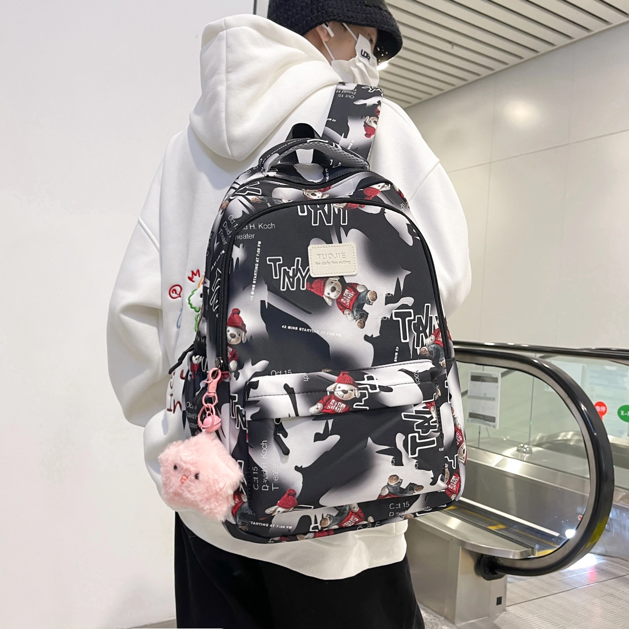 泰格奴 涂鸦精美旅行小清新轻便高颜值大容量背包初中高中大学生上课百搭书包 尼龙 双肩包 常规 男女同款情侣款 灰色/蓝色/黑色