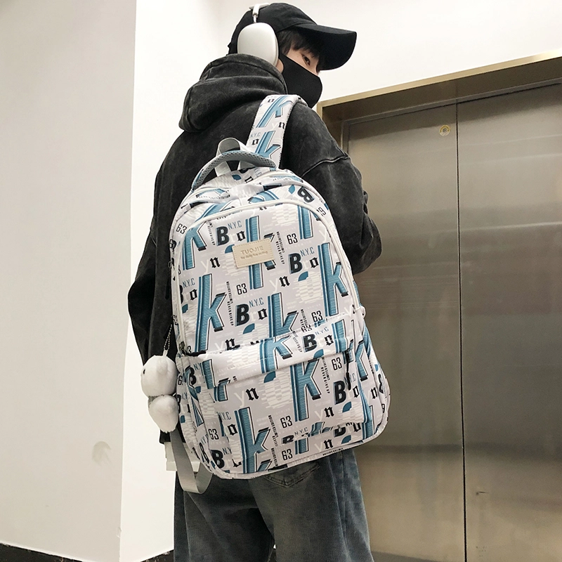 泰格奴 字母印花轻便简约大容量运动耐磨背包初中生高中生大学生上课百搭书包 尼龙 双肩包 男女同款情侣款 蓝色/绿色/黑色