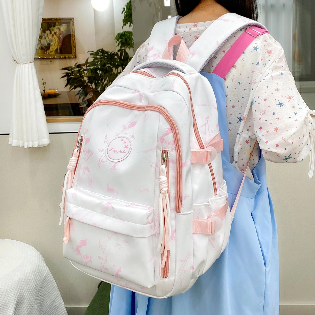 泰格奴 字母印花轻便简约国风大容量运动耐磨背包初中生高中生大学生上课百搭书包 尼龙 双肩包 女款 黑色/酒红色/浅绿色/粉色