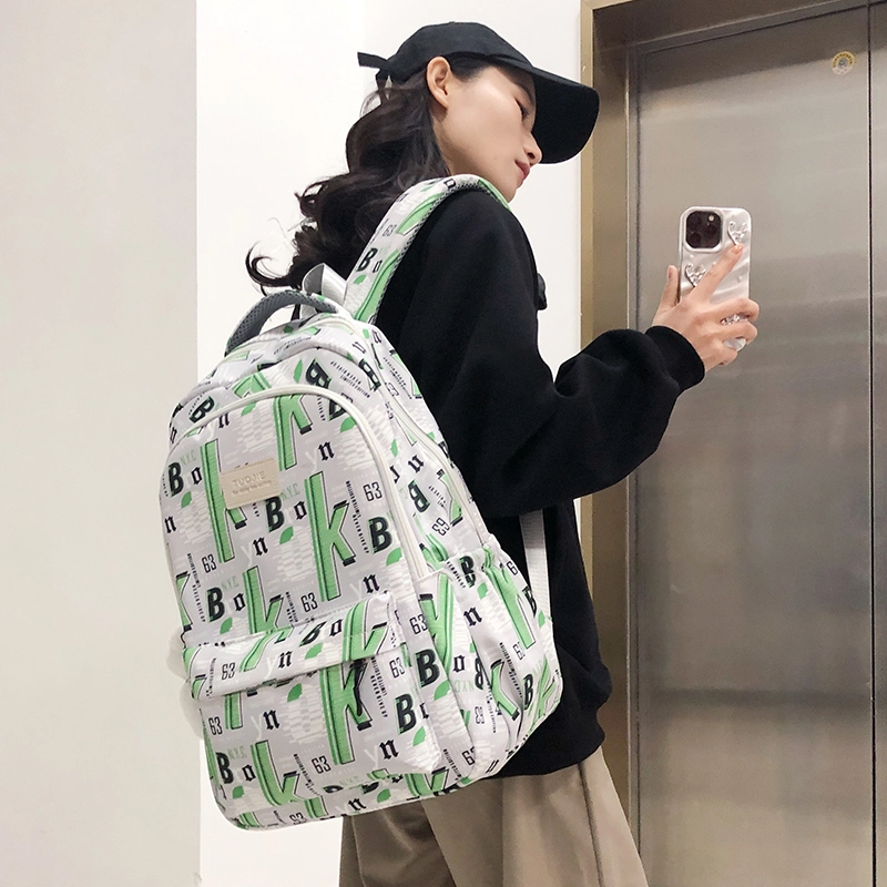 泰格奴 字母印花轻便简约大容量运动耐磨背包初中生高中生大学生上课百搭书包 尼龙 双肩包 男女同款情侣款 蓝色/绿色/黑色