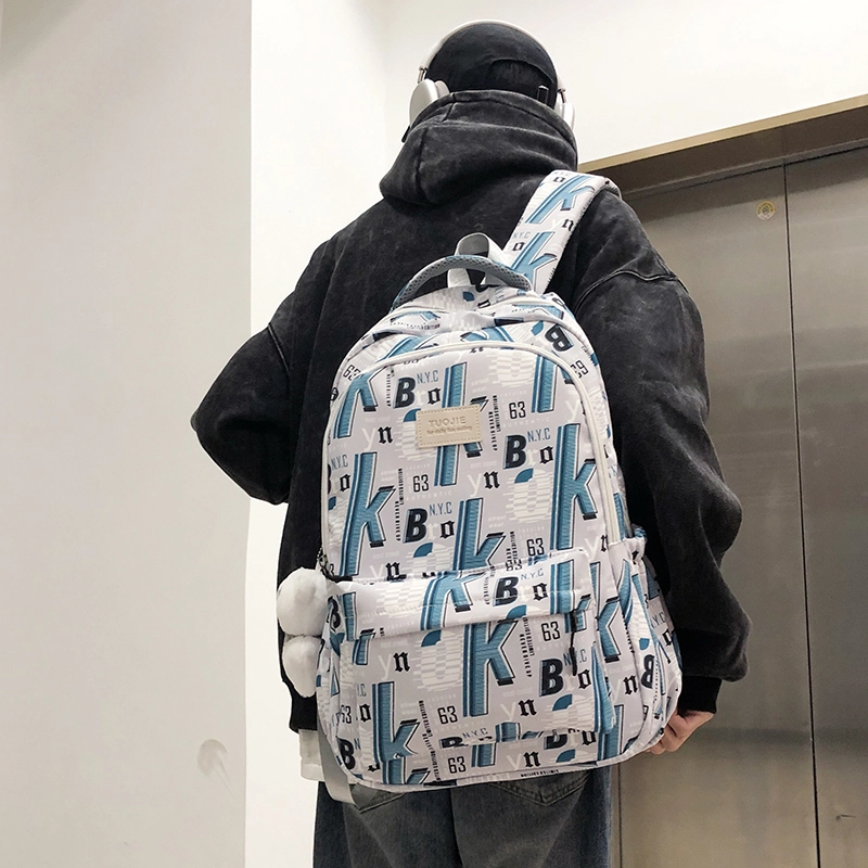 泰格奴 字母印花轻便简约大容量运动耐磨背包初中生高中生大学生上课百搭书包 尼龙 双肩包 男女同款情侣款 蓝色/绿色/黑色