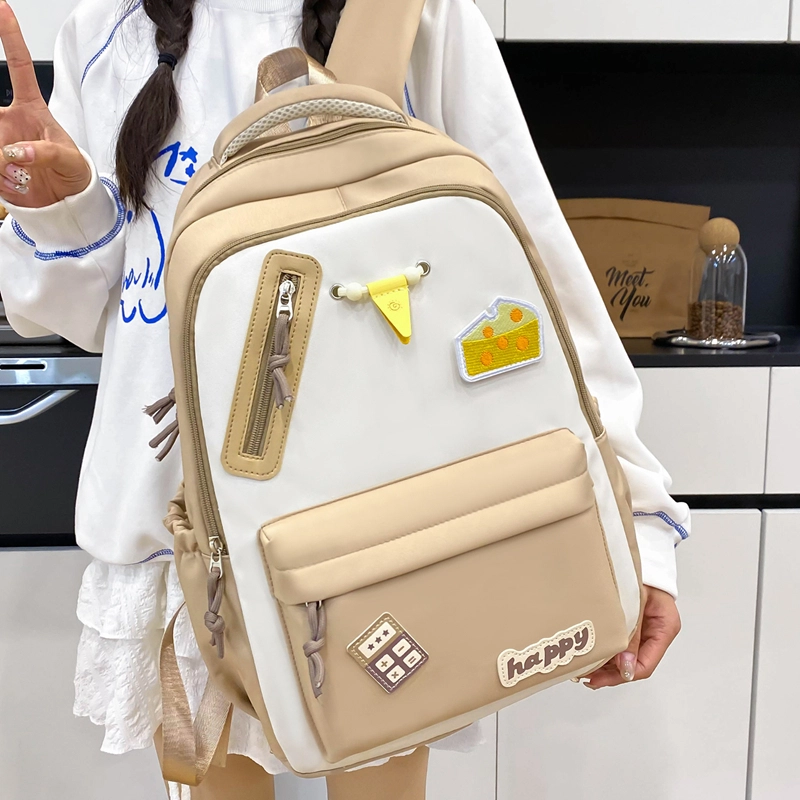 泰格奴 撞色系轻便百搭背包美版洋气个性气质高级感潮流时尚初中高中大学生上课书包 尼龙 双肩包 男女同款情侣款 卡其色/黄色/蓝色/黑色