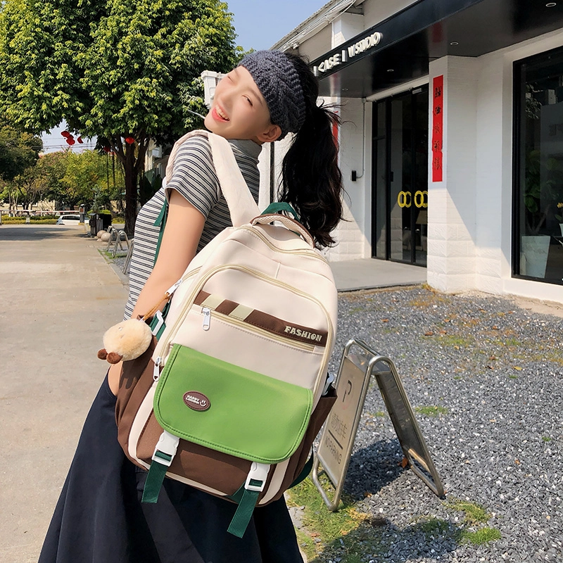 泰格奴 撞色系轻便百搭背包美版洋气个性气质高级感潮流时尚初中高中大学生上课书包 尼龙 双肩包 男女同款情侣款 黑色/绿色/蓝色/粉色