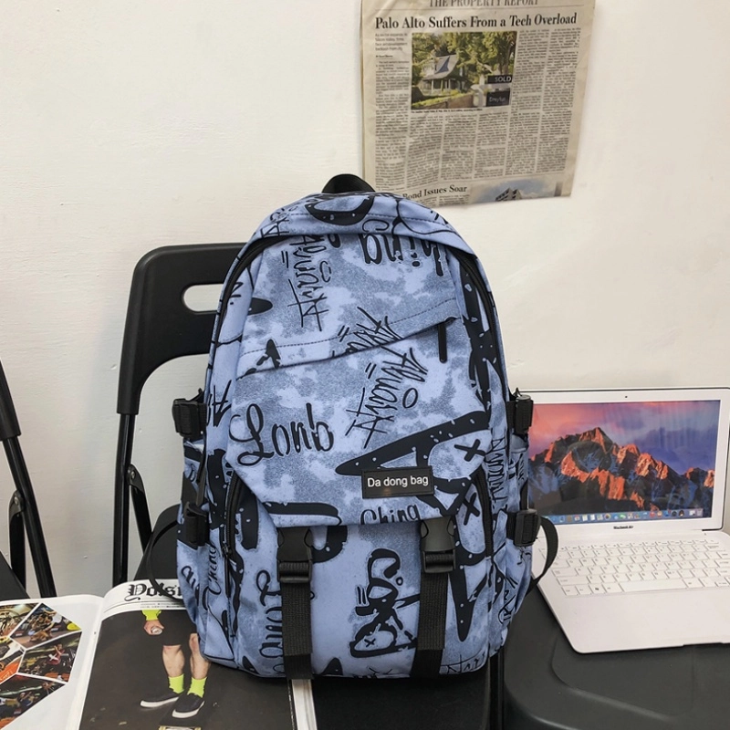 泰格奴 字母印花轻便简约国风大容量运动耐磨背包初中生高中生大学生上课百搭书包 尼龙 双肩包 男女同款情侣款 黑色/灰色/蓝色