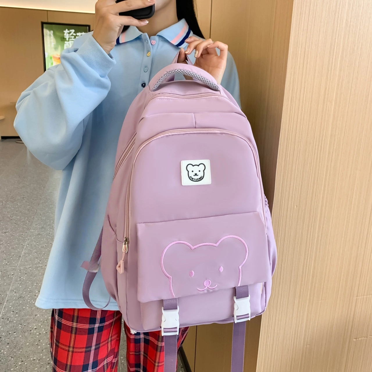 泰格奴 字母印花轻便简约国风大容量运动背包初中生高中生大学生上课百搭书包 尼龙 双肩包 男女同款情侣款 黑色/紫色/卡其色/蓝色/粉色