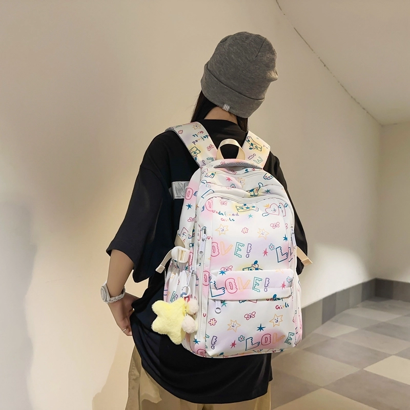 泰格奴 小清新休闲高颜值精美潮版韩版背包初中生高中生大学生上课百搭书包 尼龙 双肩包 男女同款情侣款 白色/黑色