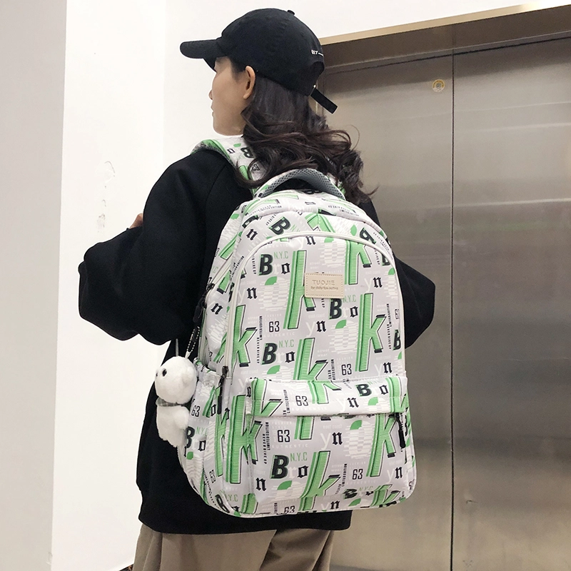 泰格奴 字母印花轻便简约大容量运动耐磨背包初中生高中生大学生上课百搭书包 尼龙 双肩包 男女同款情侣款 蓝色/绿色/黑色