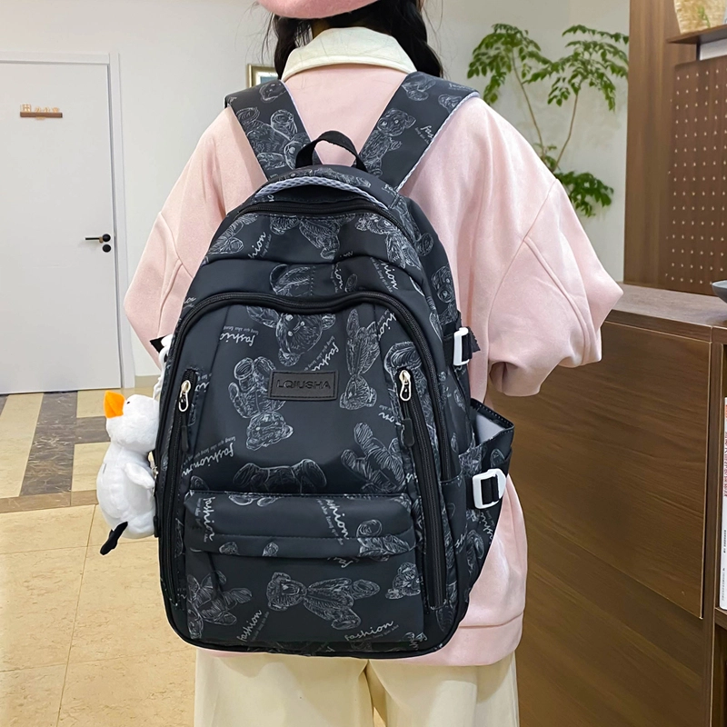 泰格奴 印花轻便简约大容量运动耐磨背包初中生高中生大学生上课百搭书包 尼龙 双肩包 男女同款情侣款 米白色/黑色/紫色/绿色