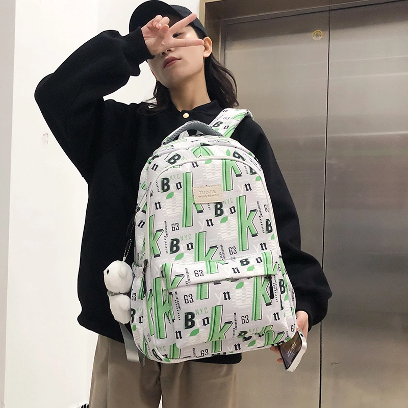 泰格奴 字母印花轻便简约大容量运动耐磨背包初中生高中生大学生上课百搭书包 尼龙 双肩包 男女同款情侣款 蓝色/绿色/黑色