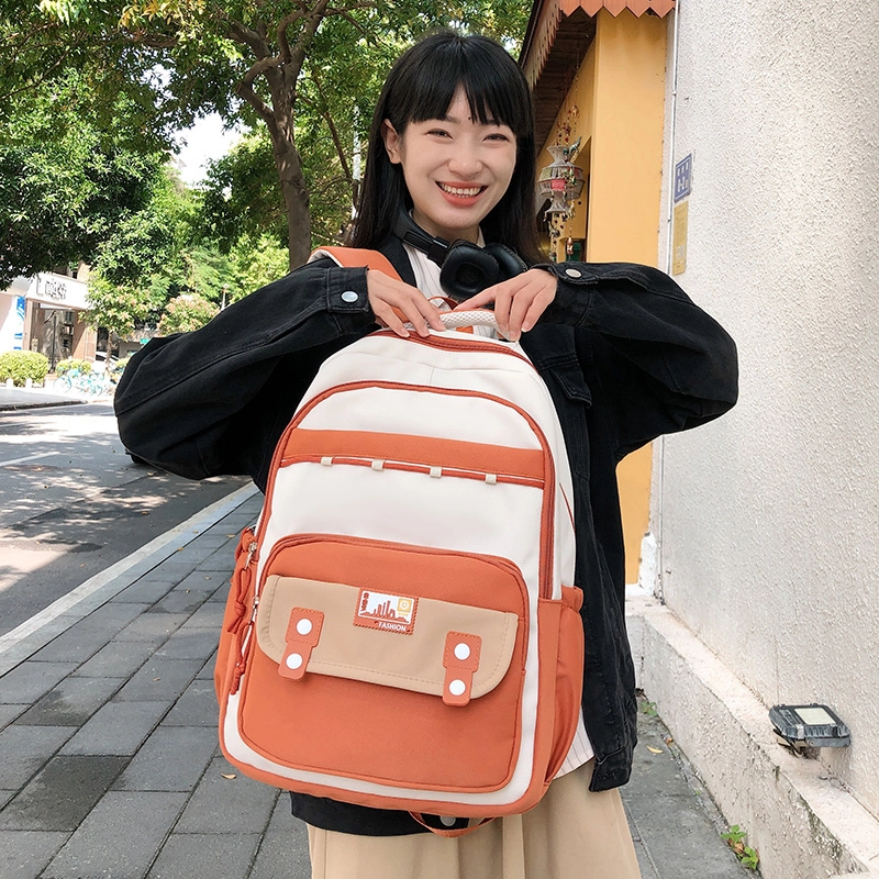 泰格奴 撞色系轻便百搭背包美版洋气个性气质高级感潮流时尚初中高中大学生上课书包 尼龙 双肩包 女款 黑色/红色/桔色/卡其色/粉色