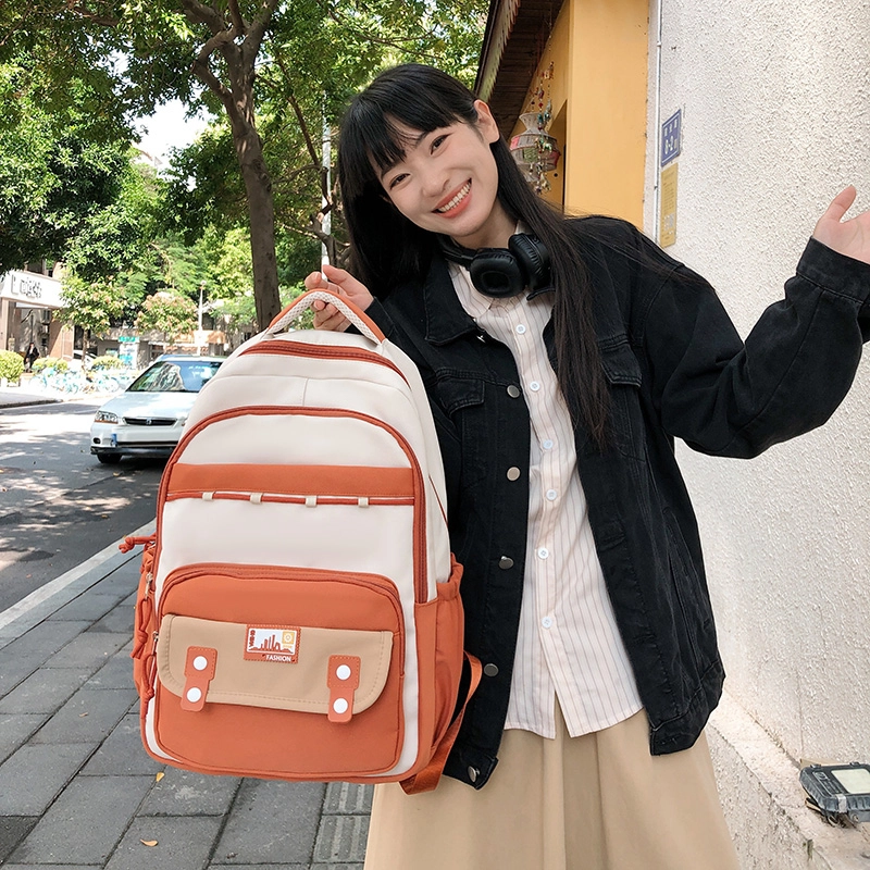 泰格奴 撞色系轻便百搭背包美版洋气个性气质高级感潮流时尚初中高中大学生上课书包 尼龙 双肩包 女款 黑色/红色/桔色/卡其色/粉色