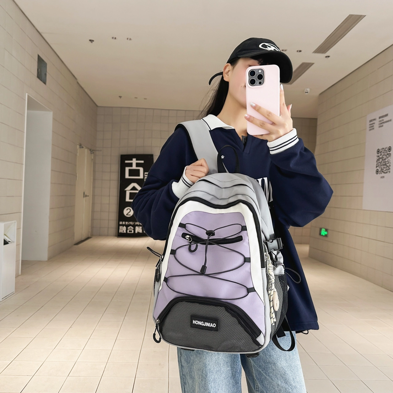 泰格奴 撞色系轻便百搭背包美版洋气个性气质高级感潮流时尚初中高中大学生上课百搭书包 尼龙 双肩包 男女同款情侣款 黑色/白色/灰色