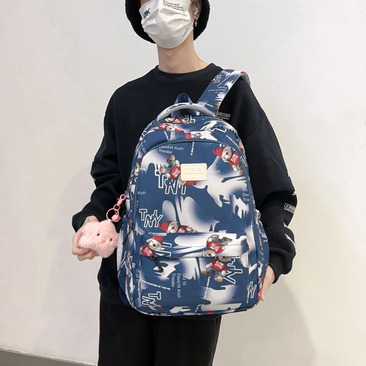 泰格奴 涂鸦精美旅行小清新轻便高颜值大容量背包初中高中大学生上课百搭书包 尼龙 双肩包 常规 男女同款情侣款 灰色/蓝色/黑色