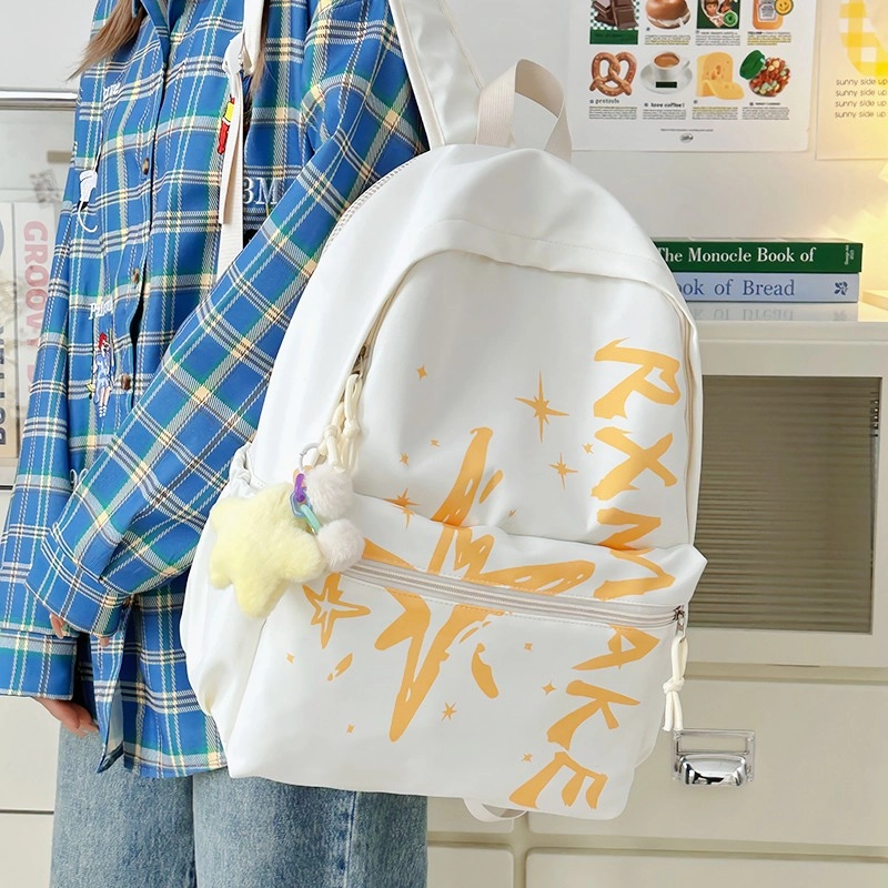 泰格奴 字母印花轻便简约国风大容量运动耐磨背包初中生高中生大学生上课百搭书包 尼龙 双肩包 女款 黄色/浅棕色/蓝色/粉色