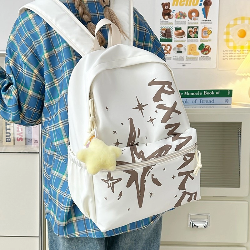 泰格奴 字母印花轻便简约国风大容量运动耐磨背包初中生高中生大学生上课百搭书包 尼龙 双肩包 女款 黄色/浅棕色/蓝色/粉色