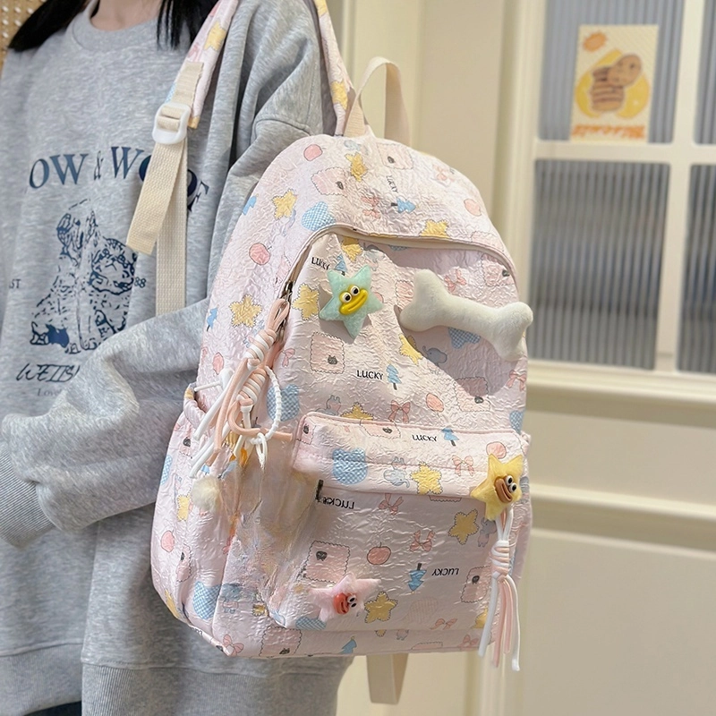 泰格奴 小清新休闲高颜值精美潮版韩版背包初中生高中生大学生上课百搭书包 尼龙 双肩包 女款 米白色/粉红色/天蓝色