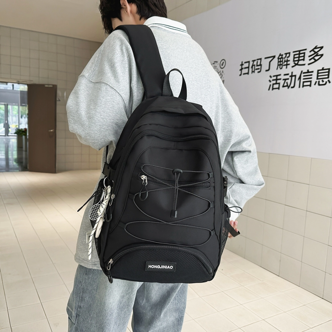 泰格奴 撞色系轻便百搭背包美版洋气个性气质高级感潮流时尚初中高中大学生上课百搭书包 尼龙 双肩包 男女同款情侣款 黑色/白色/灰色