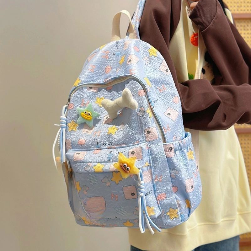 泰格奴 小清新休闲高颜值精美潮版韩版背包初中生高中生大学生上课百搭书包 尼龙 双肩包 女款 米白色/粉红色/天蓝色