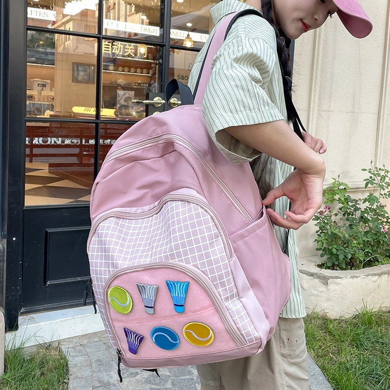 泰格奴 撞色格子设计感百搭 尼龙 书包背包双肩包 女款 黄色粉色蓝色
