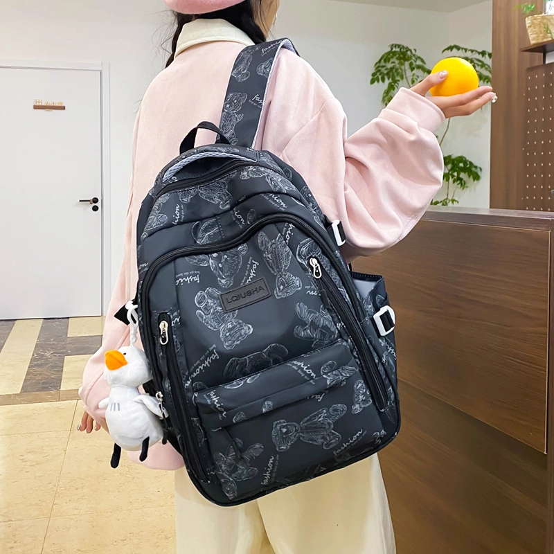泰格奴 印花轻便简约大容量运动耐磨背包初中生高中生大学生上课百搭书包 尼龙 双肩包 男女同款情侣款 米白色/黑色/紫色/绿色