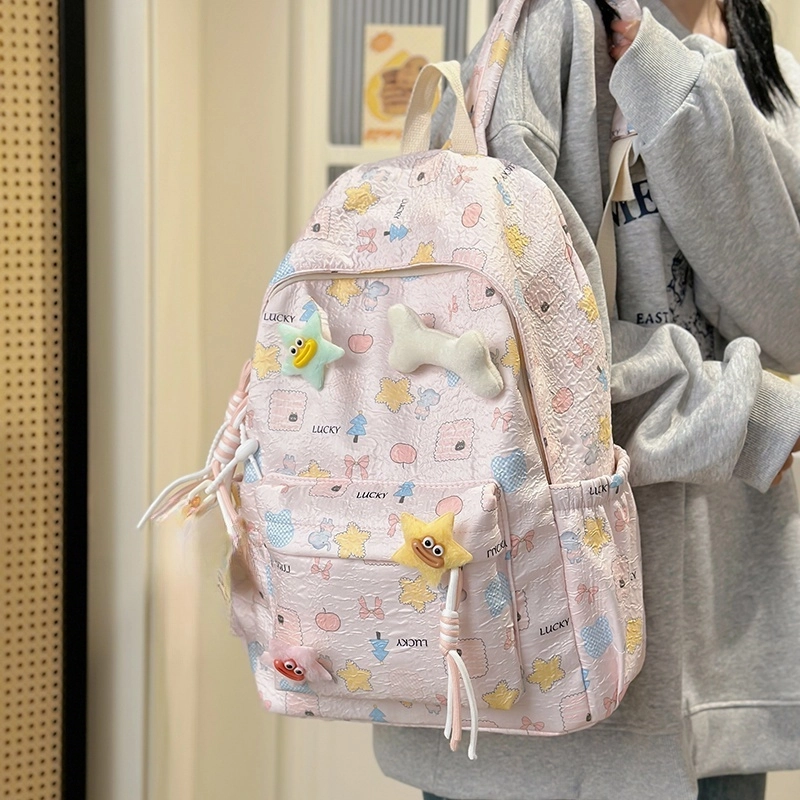 泰格奴 小清新休闲高颜值精美潮版韩版背包初中生高中生大学生上课百搭书包 尼龙 双肩包 女款 米白色/粉红色/天蓝色