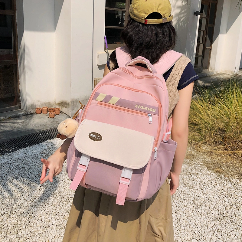 泰格奴 撞色系轻便百搭背包美版洋气个性气质高级感潮流时尚初中高中大学生上课书包 尼龙 双肩包 男女同款情侣款 黑色/绿色/蓝色/粉色