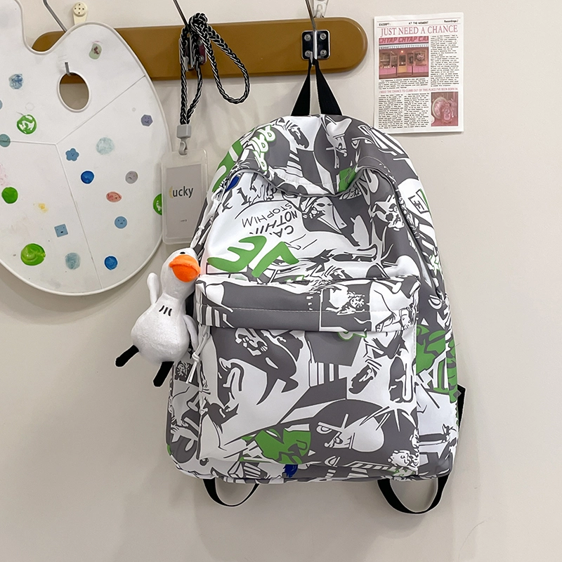 泰格奴 涂鸦精美机能通勤旅行小清新轻便高颜值大容量背包初中高中大学生上课百搭书包 尼龙 双肩包 常规 男女同款情侣款 灰色/绿色